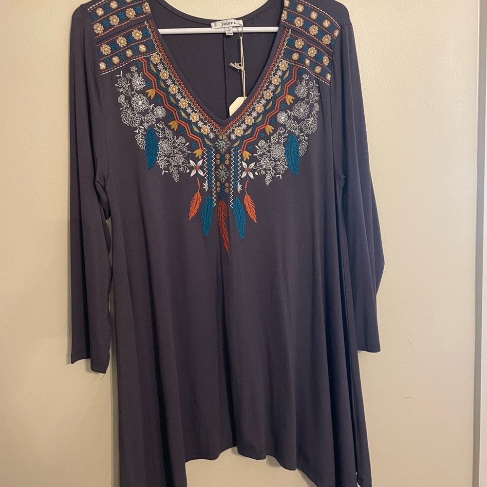 JODIFL Charcoal Tunic with Teal & Rust Embroidery